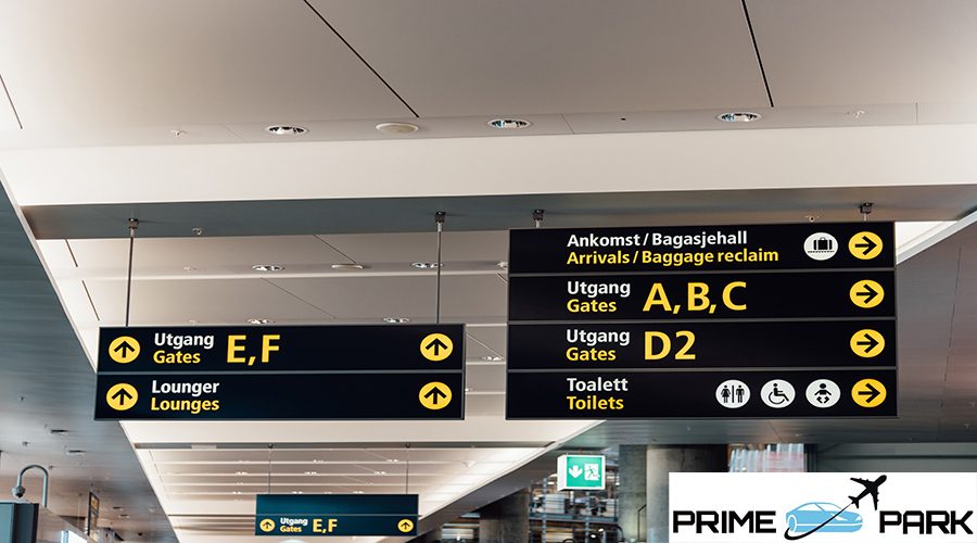 Oslo, Norway - August 12, 2019: Boarding gates signs in Oslo Gardermoen airport.