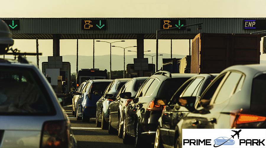 Cars and trucks waiting at point of toll highway - Toll station check point traffic jam - Highway toll peage