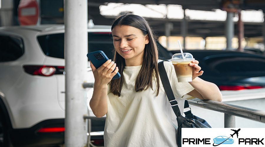 Cheerful young woman with smartphone and something in parking lot, woman waiting for taxi, tourism and lifestyle concept.