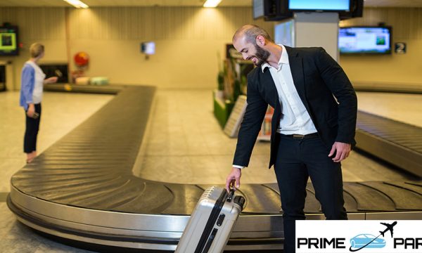 Smiling businessman with trolley bag in waiting area at airport terminal
