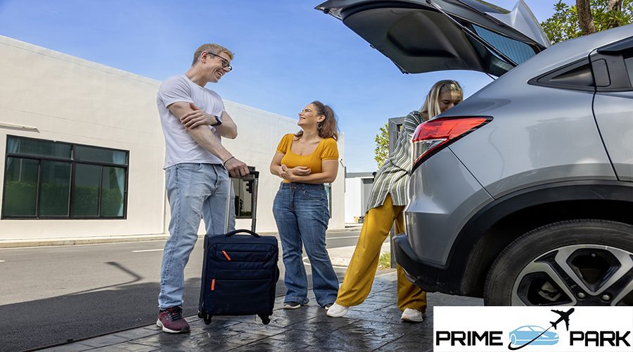 Caucasian family is fitting their luggage in the trunk after renting a car at the airport terminal for weekend vacation travel concept