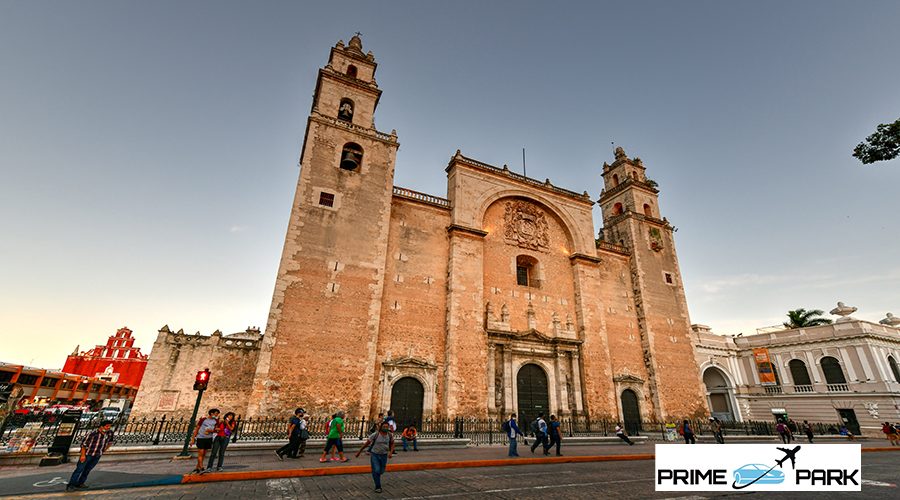 Merida, Mexico - May 24, 2021: The San Ildefonso Cathedral of Merida, the first cathedral to be finished on the American mainland and the only one to be entirely built during the 16th century.