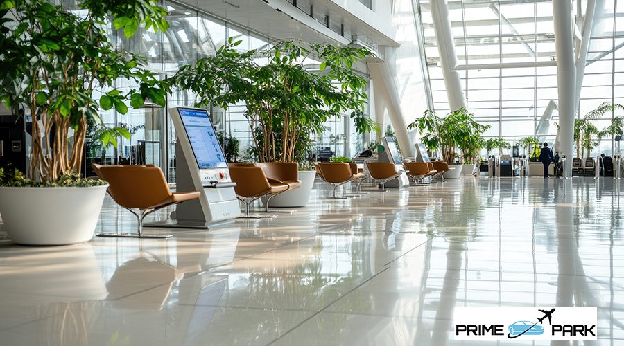 An interior view presents an elegant space designed for transit or waiting. The high ceiling and vast glass windows, supported by prominent white pillars, flood the area with natural light, enhancing the glossy, reflective floor. Potted green plants add a touch of nature. Rows of chairs are available. The scene suggests a modern, airy environment suitable for travel-related content, illustrating concepts of journeys, connections, or contemporary design. The space could be used as a backdrop for depicting travel, leisure, or architectural themes, perfect for commercial or editorial use.