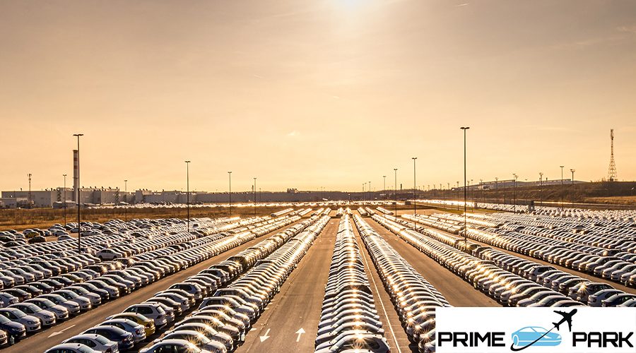 Russia, Kaluga - NOVEMBER 12, 2020: Rows of new cars parked in a factory or dealership parking lot on a sunny day.