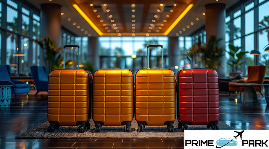 Four suitcases of different colors are lined up on a carpeted floor in a hotel lobby. The suitcases are orange, red, yellow, and brown. Concept of travel and adventure.