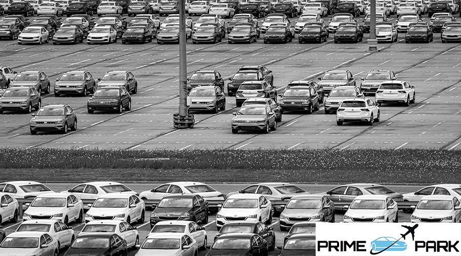 Volkswagen Group Rus, Russia, Kaluga - MAY 24, 2020: Rows of a new cars parked in a distribution center on a day in the spring, a car factory. Parking in the open air. Black and white photography.