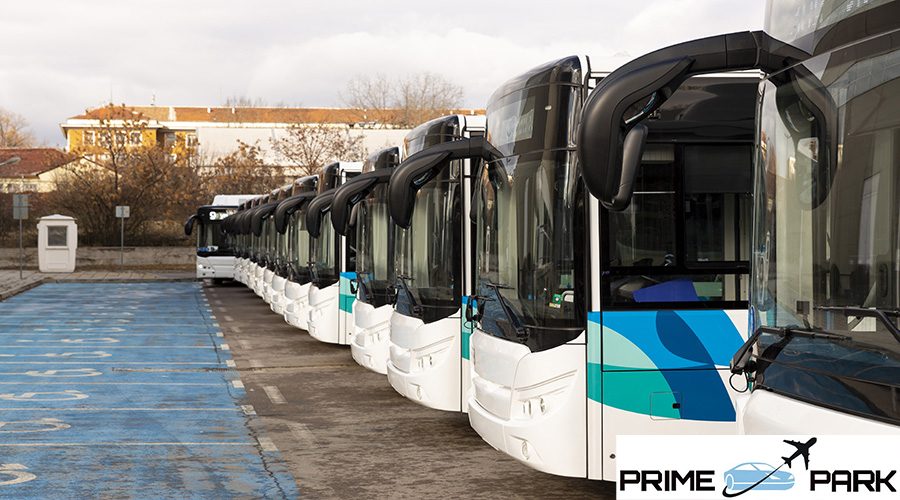 New modern busses on LPG. International Symbol of Access - Wheelchair Symbol (handicapped, physically challenged and disabled) in front of the busses.