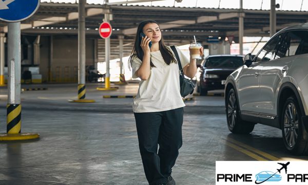 Attractive young woman in a car park with a cup of coffee, lifestyle and travel concept.