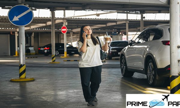 Attractive young woman in a car park with a cup of coffee, lifestyle and travel concept.